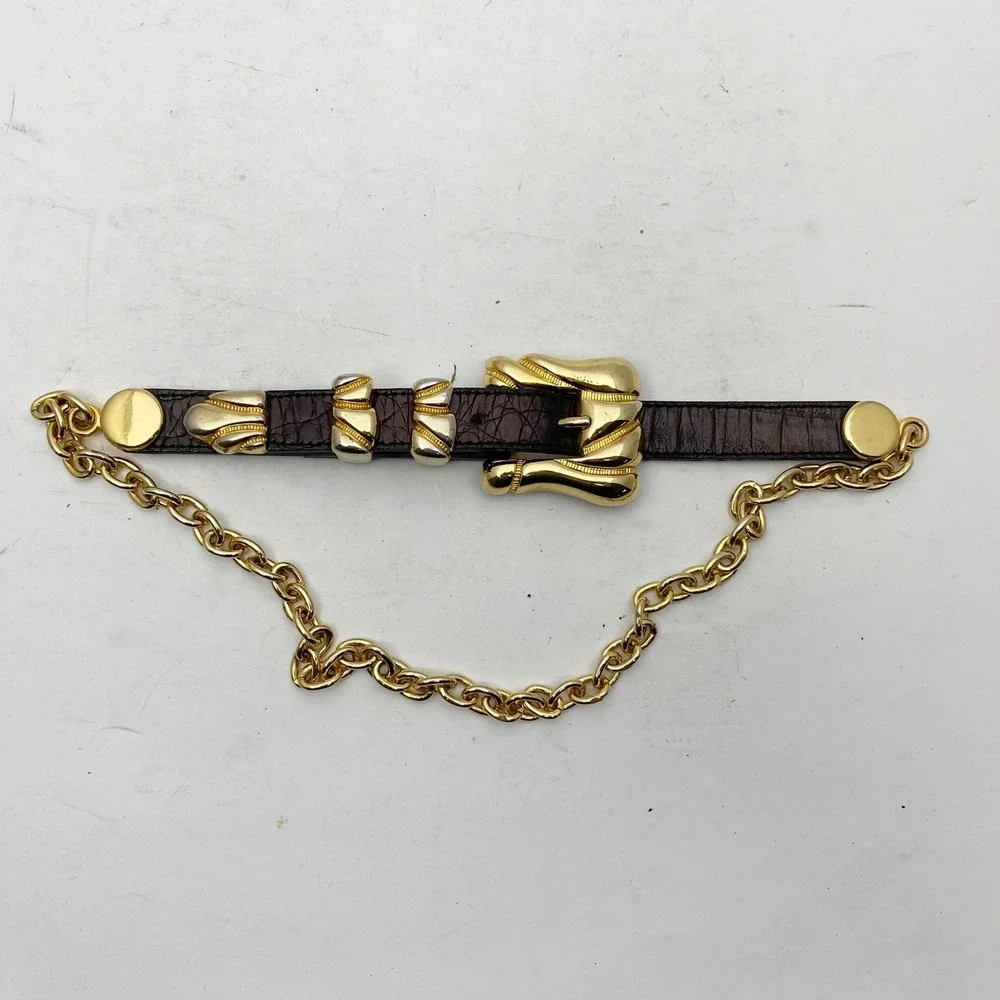 BB Simon Chain Belt Womens‎ 27 Coppery Brown Croc Embossed Leather Vintage Brass
